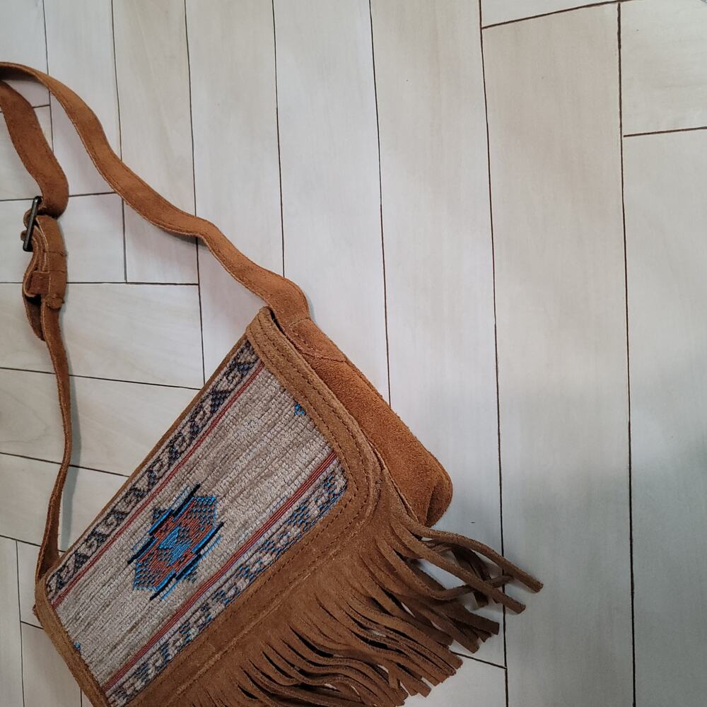 Minnetonka Suede Tan and Brown Fringe Crossbody Bag - Picture 15 of 16